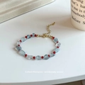 Light blue fluorite beaded bracelet with red agate accents and gold lobster clasp - Aquamarine Natural Stone & Red Agate Bracelet