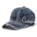 Detail of vintage navy denim baseball cap with white Colorful script embroidery - Dark Blue (B)