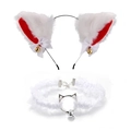 Detail of white plush cat ear headband and lace choker set with bells for cosplay costumes - White/Red Inside Cat Ears + White Lace Choker