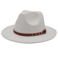 Detail of white felt jazz hat featuring a brown leather belt with gold buckle and studs - M(56-58cm) / White (3 Rivets)