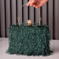 Deep green evening handbag with elegant fringe feathers and gold metal ring handle - Dark Green