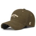 Army green distressed baseball cap featuring NOVEMBER TIME embroidery and vintage torn brim - Dark Coffee