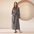 Men's dark gray long flannel bathrobe with textured lapels and waist tie-up closure - M / Grey Female