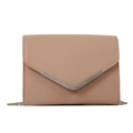 Fashionable beige envelope shoulder bag for women with V-shaped metal trim and chain strap - Khaki