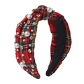 Classic red and green plaid headband with white pearls and gold rhinestones decor - Red Plaid