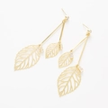 Elegant gold leaf dangle earrings with white zircon stones on a clean white background - Gold Hollow Leaf Drop Earrings (H110)