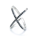 Minimalist geometric irregular hollow ring with black pavé crystals in silver finish - Adjustable Open / Silver-Black Zirconia
