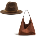 British style dark coffee suede fedora hat with matching hobo bag and belt detail set - M (56-58cm) / Suede Coffee Set