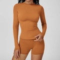 Caramel orange high-stretch yoga set with long sleeve slim top and high waist shorts - S / Orange