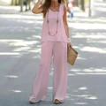 Ensemble décontracté deux pièces pour femme avec haut sans manches rose et pantalon large - S / Rose
