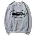 Grey crewneck sweatshirt featuring a black oval island architecture print for a Y2k urban look - Light Gray (Black Print)