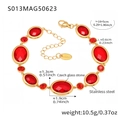 18k gold plated stainless steel anklet with red Czech glass stones and dimension details - Oval-Gold Red Glass (S013)