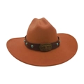 Brown felt western cowboy hat with turquoise leather band and metal bull skull buckle - One Size / Khaki