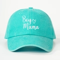 Close-up of Boy Mama white embroidery on mint green washed cotton baseball cap texture - One Size / Lake Blue
