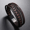 Bracelet multicouche en cuir tressé pour hommes avec fermoir magnétique noir - café