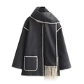 Detail showing deep gray wool coat with white scalloped stitching and fringed scarf end - XS / Dark Gray