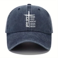 Detailed close-up of dark blue washed denim fabric and white religious cross text embroidery - One Size / Navy Blue