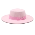 Detailed view of pink wool fedora hat featuring flat brim and grosgrain ribbon bow - M (56-58cm) / Pink