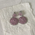 Pink zircon double round drop earrings with silver finish on white textured fabric - Silver Base Pink Rhinestone