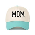 Vintage MOM embroidered trucker hat in cream and mint green patchwork baseball cap style - Adjustable / Off-White and Lake Blue