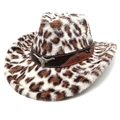 Cappello da cowboy leopardato con cinturino in pelle marrone e decorazione a toro - M (56-58cm) / Parte Superiore a Cuore / Beige