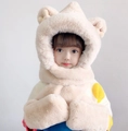 Kids plush hooded scarf glove set with bear ears in beige faux rabbit fur fabric - Kids Ears Style / Beige