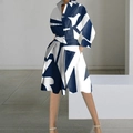 Fashionable long-sleeve V-neck midi dress featuring abstract geometric print and waist tie - S / Dresses / Navy Blue Floral Print
