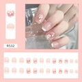 Pink gradient French press-on nails with white cherry blossom and gold foil detail - R532 Sweet Cool Camellia (Glue Style)