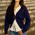 Dames gebreid vest in donkerblauw met diepe V-hals en knoopsluiting in casual stijl - S / Marineblauw