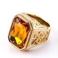 Gold stainless steel ring featuring a large rectangular amber gemstone and ornate carvings - US 7 / Gold Yellow Gemstone