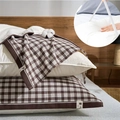 Brown checkered cotton gauze pillow cover with secure straps and soft breathable fabric - With Straps/1 Piece / Coffee Grid