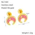 Detailed view of 18k gold plated stainless steel star and moon stud earrings with pink enamel - Pink