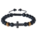 Detail of 8mm matte black stone bead bracelet with tiger eye beads and a cross charm - Tiger Eye Double Beads Decor (Style-B) / Confirmation Card