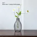 Nordic black geometric iron hydroponic vase with a white silk poppy flower decor - Black Vase + 1 White Corn Poppy / Black