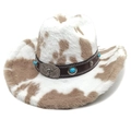 Close-up of cow print felt cowboy hat with bull head buckle and turquoise accents - M (56-58cm) / Straight Crown Khaki