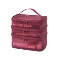 Three-layer red mesh toiletry bag with handle and zipper compartments - Triple Layer / Burgundy