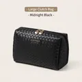Large midnight black woven PU leather makeup bag with gold double zippers and handle - Handbag Large / Black