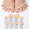 Detail of 12-piece daisy silicone toe separators used for professional pedicure and nail art - Purple Yellow Flower Style (07)