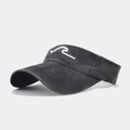 Close-up of vintage washed denim visor with white wave embroidery and detailed stitching - Black