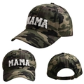 Detailed views of camouflage MAMA baseball cap showing front embroidery and metal buckle - New Mama Style / Camouflage