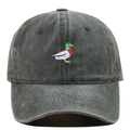 Close-up of the vintage washed cotton texture and green mallard duck embroidery detail - Army Green
