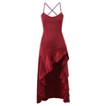 Deep red satin slip dress featuring cross-back straps and asymmetrical ruffled hemline - S / Burgundy