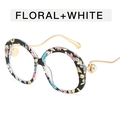 Retro round floral frame sunglasses with gold temples and white pearl accent - Floral + White