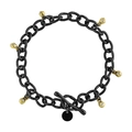 Vintage S925 Sterling Silber Kette Armband mit goldenen Totenkopf Anhängern und OT Verschluss - 925er Silber / Schwarz + 18K Gold