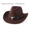 Ethnic style coffee brown western cowboy hat with woven band and bull head metal ornament - One Size 57-58cm / Tibetan Style Fabric Cow Skull Decoration / Coffee