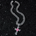 Collana cubana d'argento hip hop con croce di diamanti e ciondolo rosa rosa su nero - Set di collane / Argento