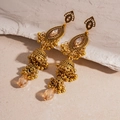 Close-up of vintage golden ethnic tassel earrings with champagne crystal rhinestones - 96# Steel Needle - Gold Tassels