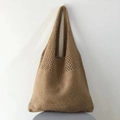 Khaki hand-woven hollow knit tote bag with large capacity and integrated shoulder strap - Brown