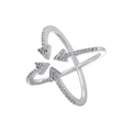 Detail of silver-tone cross arrow ring featuring micro-pave crystals and double band structure - Platinum Cross Arrow