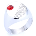 Polished stainless steel ring with red oval gemstone and vintage leaf engravings - US 7 / Silver Color (18502)